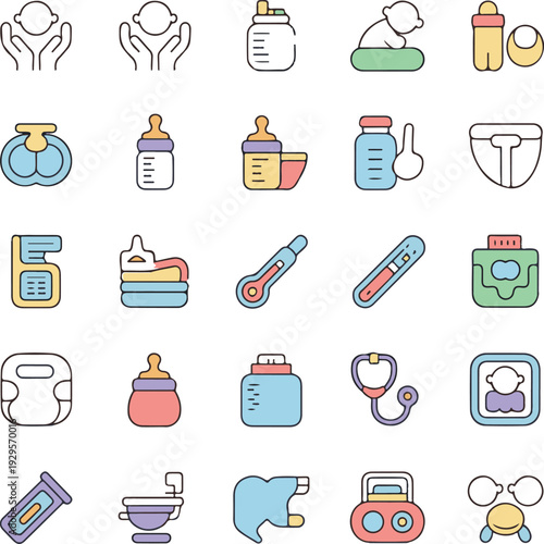 Baby Care and Newborn Health Icon Set - Pediatric Medical Equipment and Nursery Essentials Collection