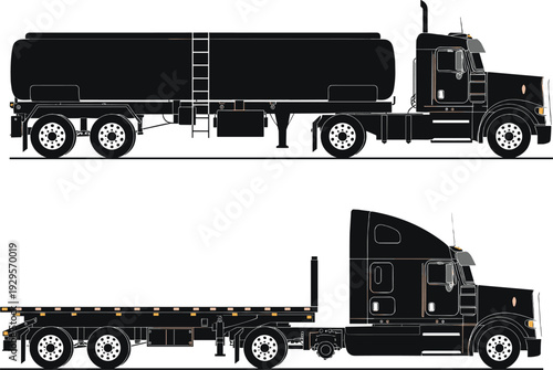 Semi truck tanker trailer and flatbed truck vector illustration side view heavy cargo transport vehicles isolated on white background