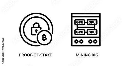 Icons representing Proof-of-Stake and Mining Rig, illustrating cryptocurrency consensus mechanisms and hardware for digital asset creation.