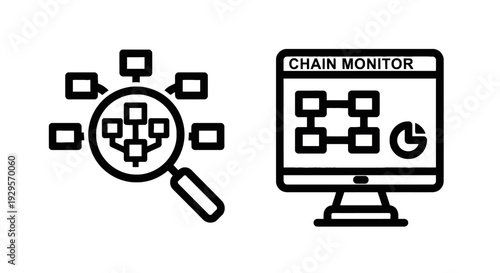 Diagrams of blockchain network analysis and chain monitoring dashboard, showing data flow and performance metrics for distributed systems.