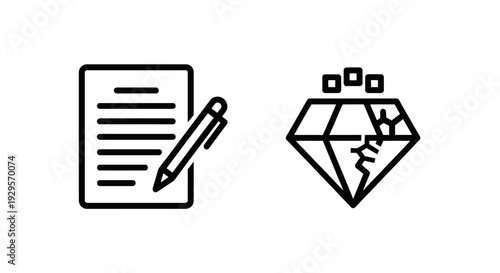 Icons representing a written document and a cracked diamond, suggesting smart contracts, legal agreements, or the fragility of value and assets.