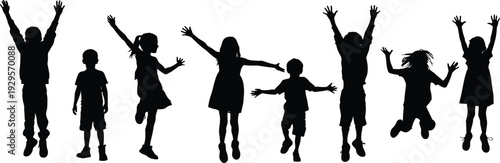 Children jumping silhouette set, happy kids celebrating illustration, playful childhood group activity design element, joyful movement art black flat vector