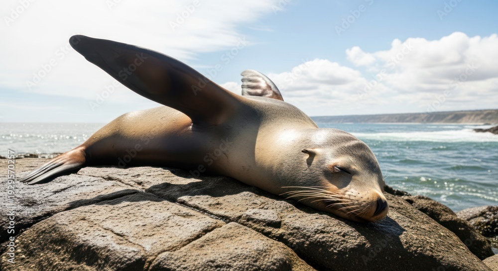Fototapeta premium A sleeping sea lion rests peacefully on a sun-drenched rocky beach.