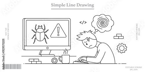 Bug error on computer screen programmer frustrated simple line drawing