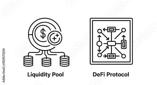Icons representing liquidity pools and DeFi protocols, with a circular flow diagram and connected coin stacks, visualizing decentralized finance concepts and financial management.