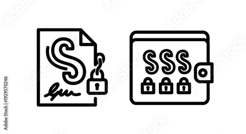 Icons showing a locked digital signature document and a wallet with multiple locks, representing secure digital signing, multi-factor authentication, and robust data protection.