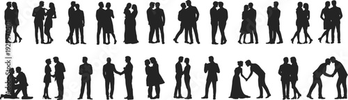 Romantic couple silhouette set, hugging kissing holding hands illustration, wedding dance love relationship design element, affectionate people art black flat vector