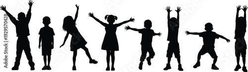 Silhouette children standing in playful energetic poses, joyful kids raising arms jumping leaning together illustration artwork concept, flat vector design