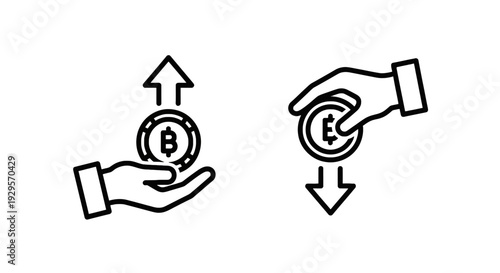 Cryptocurrency Transaction Icons: Hand holding Bitcoin with upward arrow, Hand giving Bitcoin with downward arrow