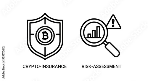 Crypto Security and Risk Icons: Bitcoin Shield with Target, Risk Assessment with Magnifying Glass and Warning Sign