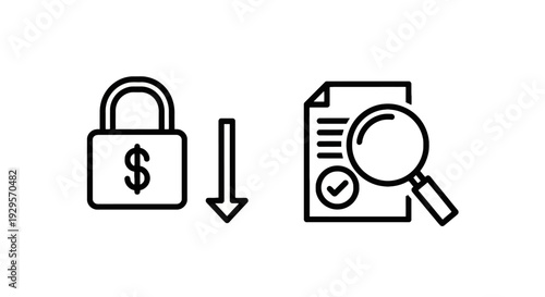 Crypto Finance Icons: Locked Dollar Sign indicating security or restriction, Document with Magnifying Glass and Checkmark