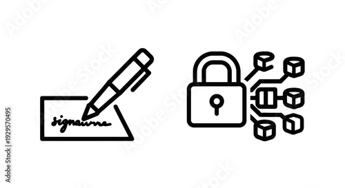 Digital signature and blockchain security icons representing secure online transactions and data protection, with a pen signing on paper and a padlock connecting to network nodes.