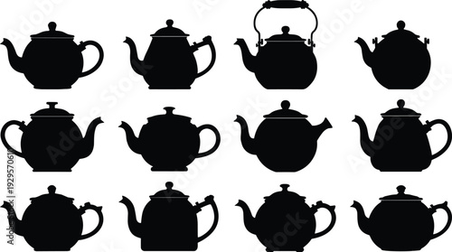 Teapot silhouette collection set, vintage and classic tea kettle shapes isolated, kitchen cookware black vector illustration icons
