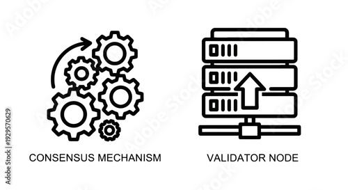 Consensus mechanism and validator node icons: interlocking gears illustrating agreement processes in a decentralized network, and servers with an upward arrow signifying validation nodes in a blockcha