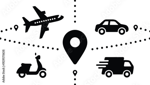 Transportation and delivery route icon set vector illustration with airplane, car, scooter and truck around location pin isolated on white