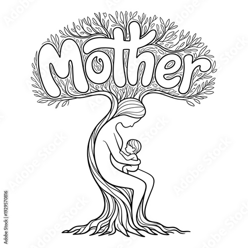 Mother and Child Embraced Within a Tree of Life Symbolizing Nurturing and Growth