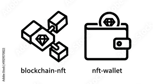 Blockchain NFT and Wallet Icons: Illustrating Digital Asset Management and Storage in Cryptocurrency