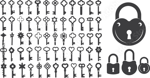 Vintage ornate key and lock icons set, antique heart shaped keys, decorative skeleton keys, padlocks and silhouettes, retro locksmith collection vector