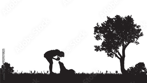 Dog silhouette being fed by owner in park scene with tree and grass, minimalist black cutout style on white background, pet care bond concept with copy space