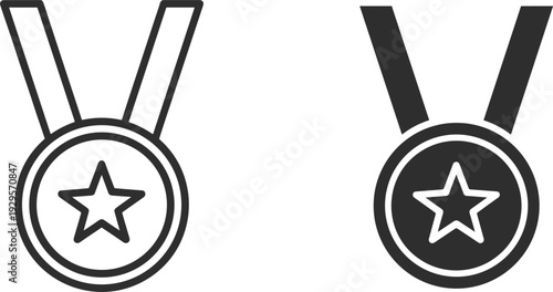 Two Award Medals One Outline One Filled Star Symbol on White Background trophy prize
