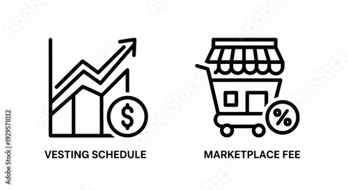 Financial Vesting Schedule and E-commerce Marketplace Fee Line Icons for Business and Investment