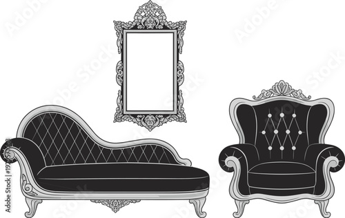 Vintage Victorian chaise lounge and tufted armchair with ornate carved mirror, luxurious baroque upholstery, carved wooden legs, elegant antique furniture vector