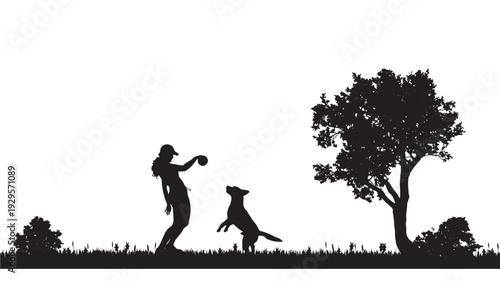 Silhouette scene of woman playing fetch with jumping dog in grassy park landscape, tree and shrubs on horizon, outdoor leisure activity with pet on white background