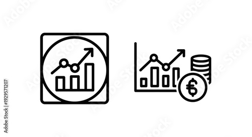 Financial growth icons depicting upward trending bar charts and line graphs, with stacked coins and currency symbols, representing economic prosperity and investment success.
