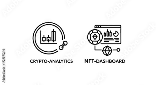 Crypto analytics and NFT dashboard icons, with a candlestick chart and a network globe, representing financial tracking and digital asset management.