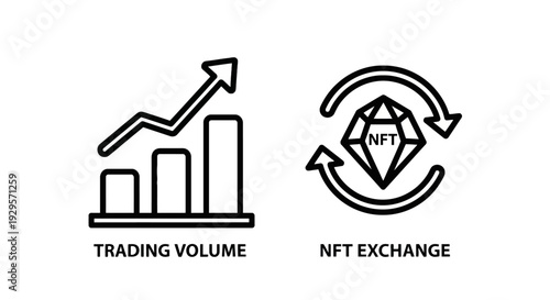 Trading volume and NFT exchange icons, showcasing rising bar charts and a circular arrow around an NFT symbol, indicating market activity and digital asset trading.
