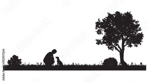 Silhouette man kneeling with dog in grassy park landscape, touching pet with affection near large tree and bushes, black cutout style on white background
