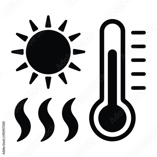 Black Icon Depicting a Sunny Day and High Temperature Reading on a Thermometer