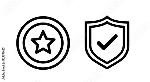 Icons for excellence and verification, featuring a star within a circle and a shield with a checkmark, symbolizing quality, achievement, and validation.