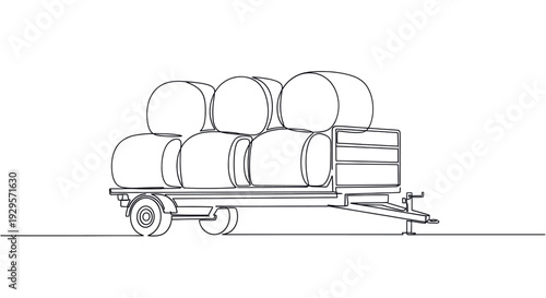 A simple, continuous line art drawing shows a trailer carrying round hay bales, conveying themes of agriculture, harvest, and rural life in a minimalist design.