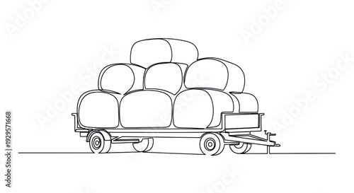 A minimalist continuous line drawing of a trailer loaded with hay bales against a white background, conveying simplicity and agricultural themes.