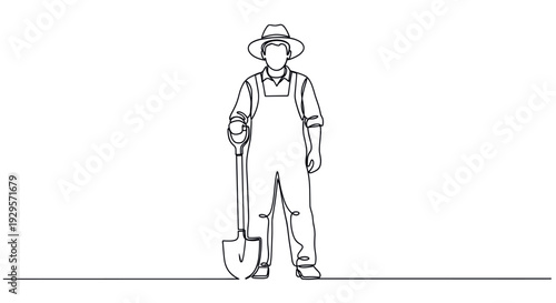 One line drawing of a farmer in overalls and a hat holding a shovel, evoking simplicity and rural life. Perfect for agriculture and sustainability themes.