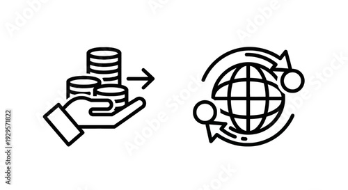 Hand giving coins and global money transfer icons, vector illustration