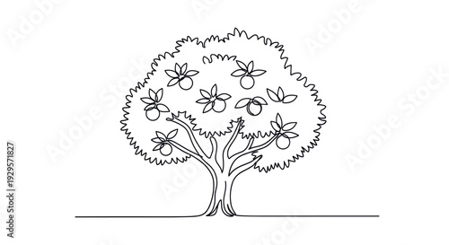 This minimalistic continuous line drawing depicts a tree laden with fruit, rendered in a simple yet elegant style against a white backdrop; ideal for design concepts.