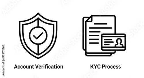 Account verification shield and KYC process document icons, vector illustration