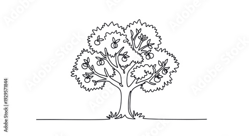 A minimalist single continuous line drawing of an apple tree with fruit on a white background, perfect for logos or illustrations.