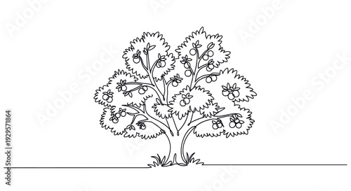 A minimalist continuous line drawing of a fruit tree laden with fruit, set against a clean white background, perfect for eco-friendly or sustainable themes.