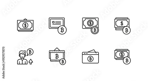 Collection of Bitcoin and currency icons with dollar bills, vector illustration