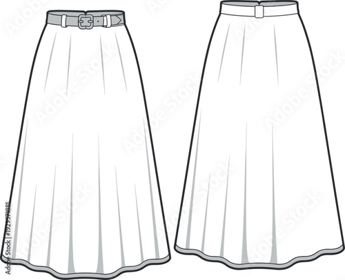 Art & IllustrationFlat fashion technical sketch of a women’s belted A-line maxi skirt featuring front pleats, a buckled waist belt, and front back view CAD.
