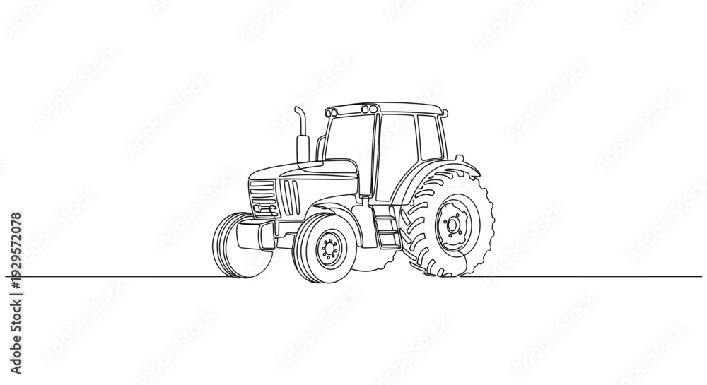 Obraz premium Single line drawing illustration of a tractor on white, depicting farming equipment. Clean and minimalist design for agriculture, industry, or transportation themes.