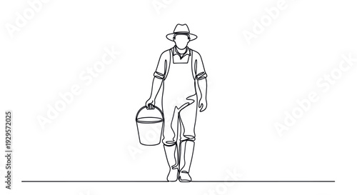 A single continuous line drawing depicts a farmer wearing overalls and a hat walking while holding a bucket, on a plain white background.