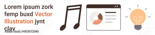 Creativity, data analysis, innovation, business, education, communication. Graphic features a music note, a web browser with analytics and a light bulb. Creativity and data analysis concept