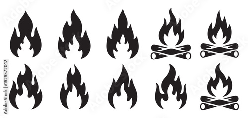  Bold campfire and flame silhouette icons for brand identity and logos. vector illustration eps 10