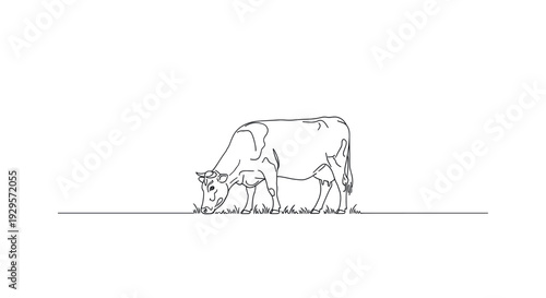 A minimalist line art illustration depicts a cow grazing peacefully in a field of grass, suitable for various design and branding projects.
