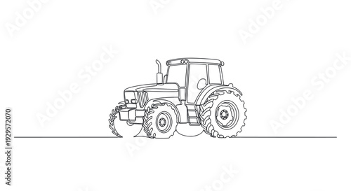 Single continuous line drawing of a modern tractor in the field for agriculture; it can be used in various designs related to agriculture, farming, or rural life.