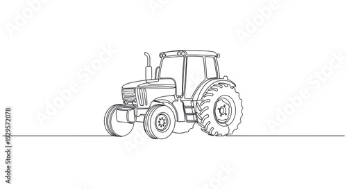 Single line drawing illustration of a tractor on white, depicting farming equipment. Clean and minimalist design for agriculture, industry, or transportation themes.